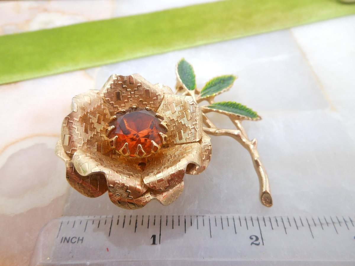 Vintage SARAH COVENTRY Brooch Ember Flower Rhinestone Pin Chunky Topaz Crystal Enamel Designer rMid Century Jewelry Gift, VivianJoel.com