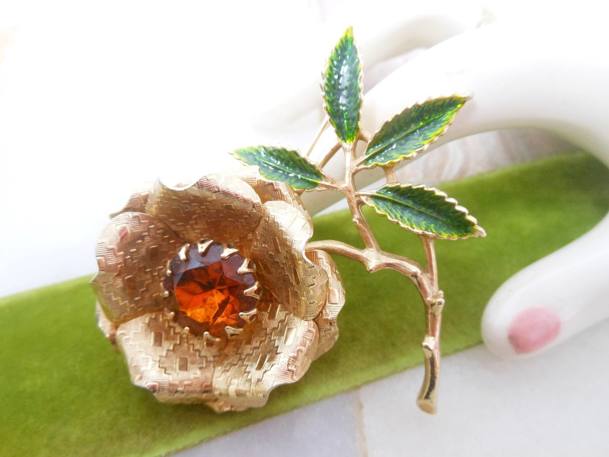 Vintage SARAH COVENTRY Brooch Ember Flower Rhinestone Pin Chunky Topaz Crystal Enamel Designer rMid Century Jewelry Gift, VivianJoel.com