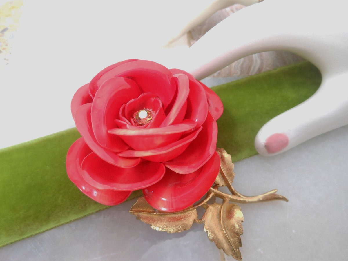 Vintage Big Bloom Brooch Flower Rose Pin Plastic Celluloid Rhinestone Mid Century Jewelry Gift, VivianJoel.com