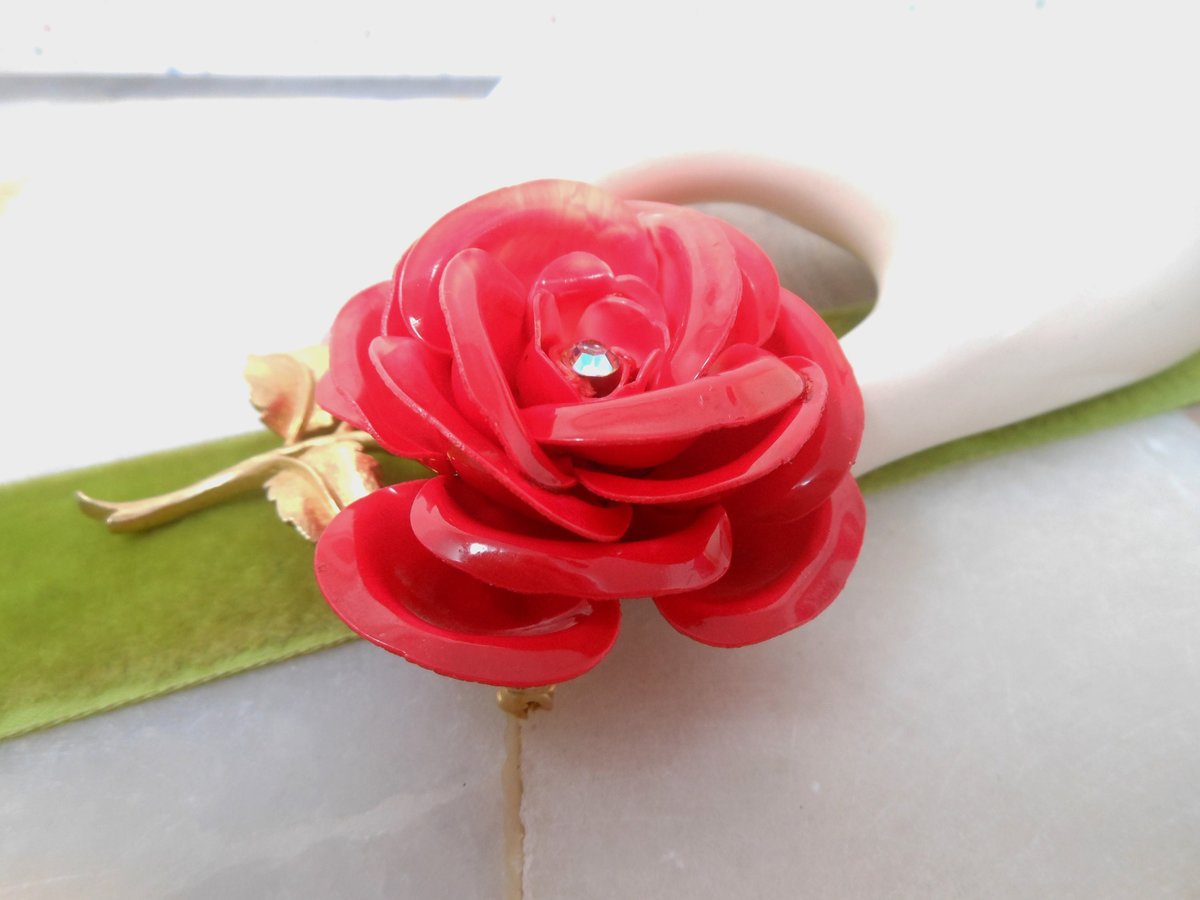 Vintage Big Bloom Brooch Flower Rose Pin Plastic Celluloid Rhinestone Mid Century Jewelry Gift, VivianJoel.com