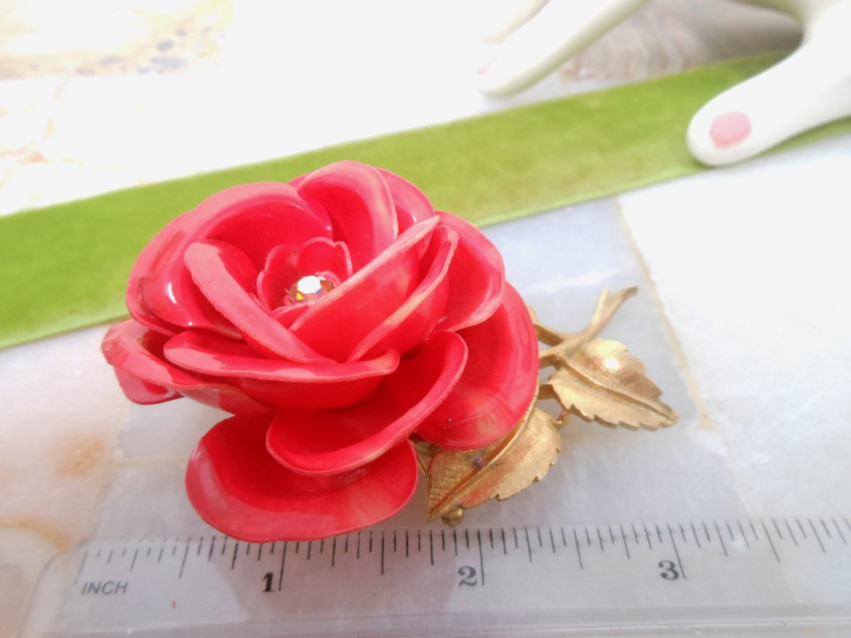 Vintage Big Bloom Brooch Flower Rose Pin Plastic Celluloid Rhinestone Mid Century Jewelry Gift, VivianJoel.com