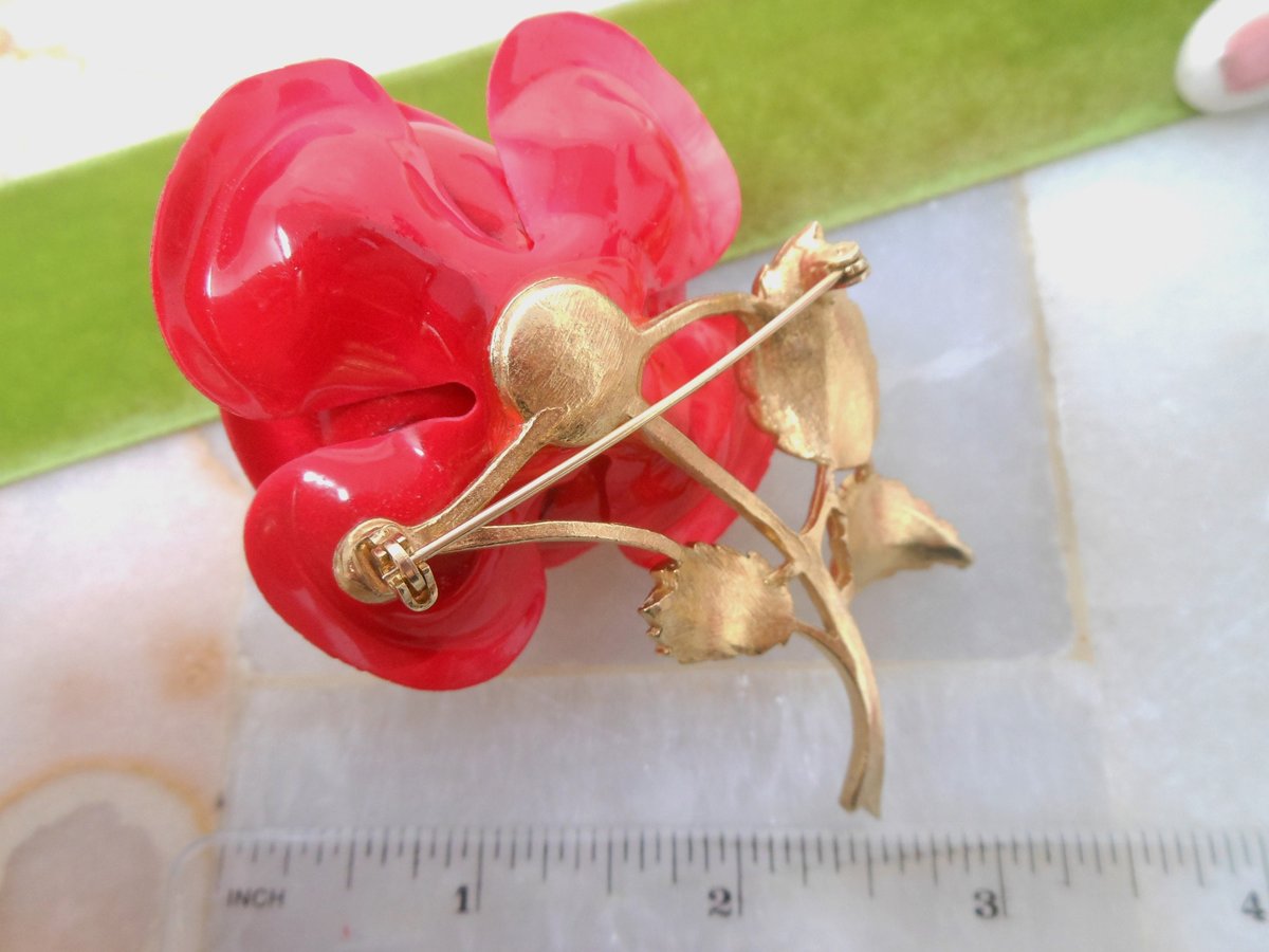 Vintage Big Bloom Brooch Flower Rose Pin Plastic Celluloid Rhinestone Mid Century Jewelry Gift, VivianJoel.com