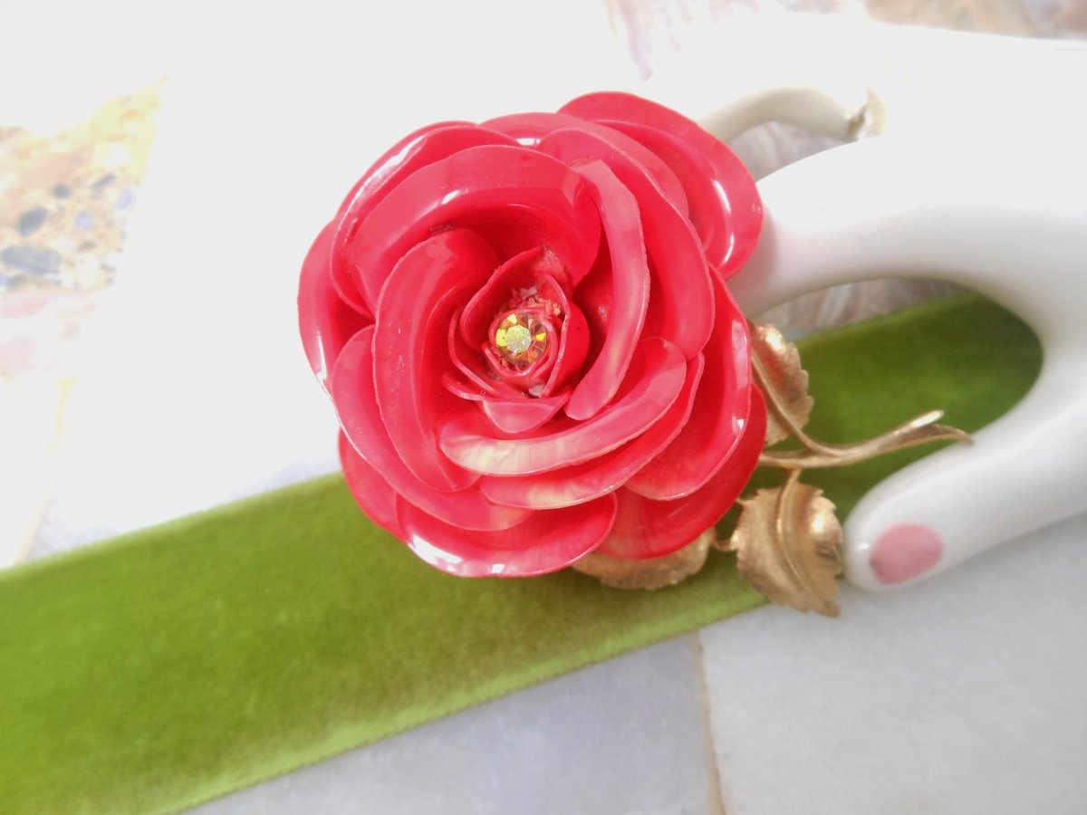 Vintage Big Bloom Brooch Flower Rose Pin Plastic Celluloid Rhinestone Mid Century Jewelry Gift, VivianJoel.com