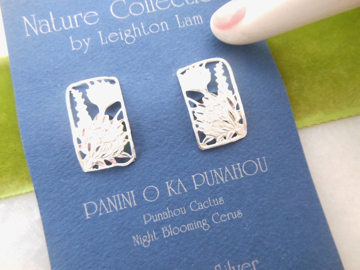 Vintage Hawaii STERLING SILVER Earrings Figural Flower Cactus Clip On Designer Artist Leighton Lam Jewelry Wedding Gift, VivianJoel.com