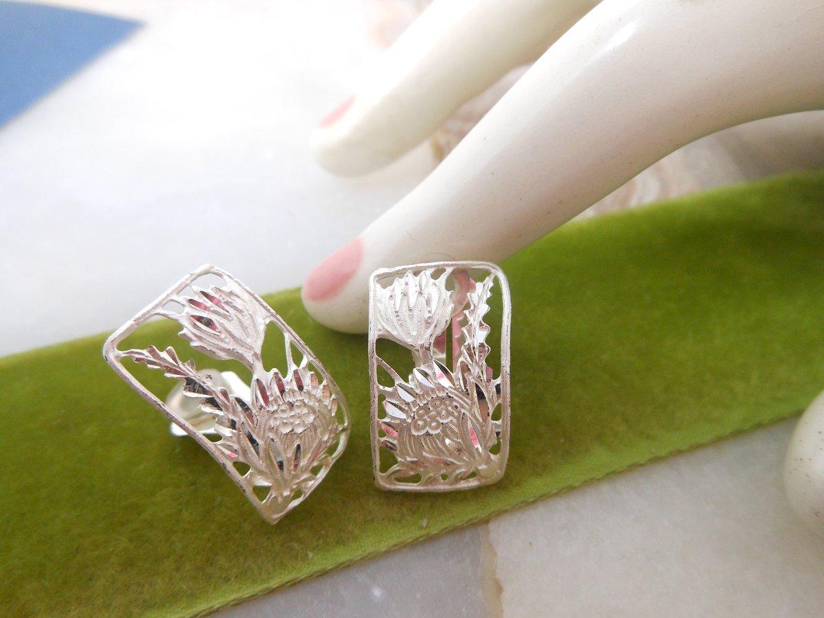 Vintage Hawaii STERLING SILVER Earrings Figural Flower Cactus Clip On Designer Artist Leighton Lam Jewelry Wedding Gift, VivianJoel.com