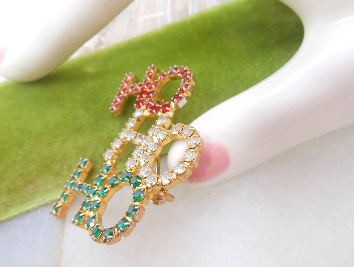 Vintage Christmas Tree HO HO HO Pin Brooch Lot 2 Rhinestone Red Green Santa Holiday Mid Century Jewelry Gift, VivianJoel.com