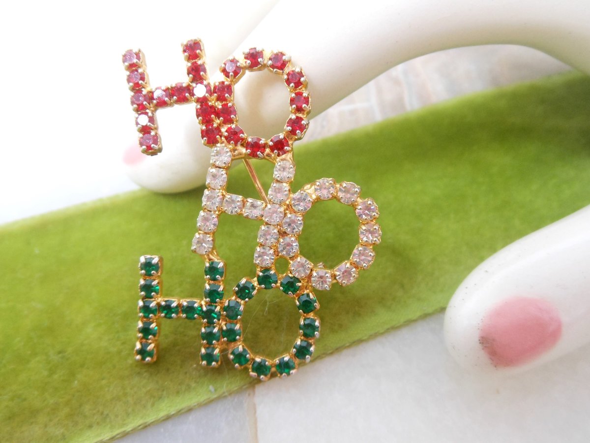 Vintage Christmas Tree HO HO HO Pin Brooch Lot 2 Rhinestone Red Green Santa Holiday Mid Century Jewelry Gift, VivianJoel.com
