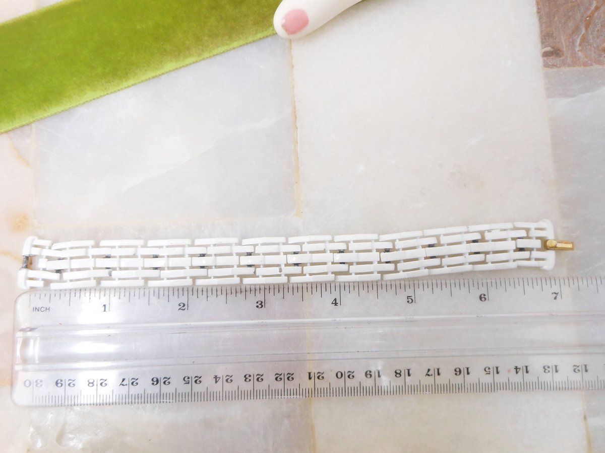 Vintage Crown TRIFARI Multi Link Bracelet White Enamel Mid Century Designer Jewelry *as is*, VivianJoel.com