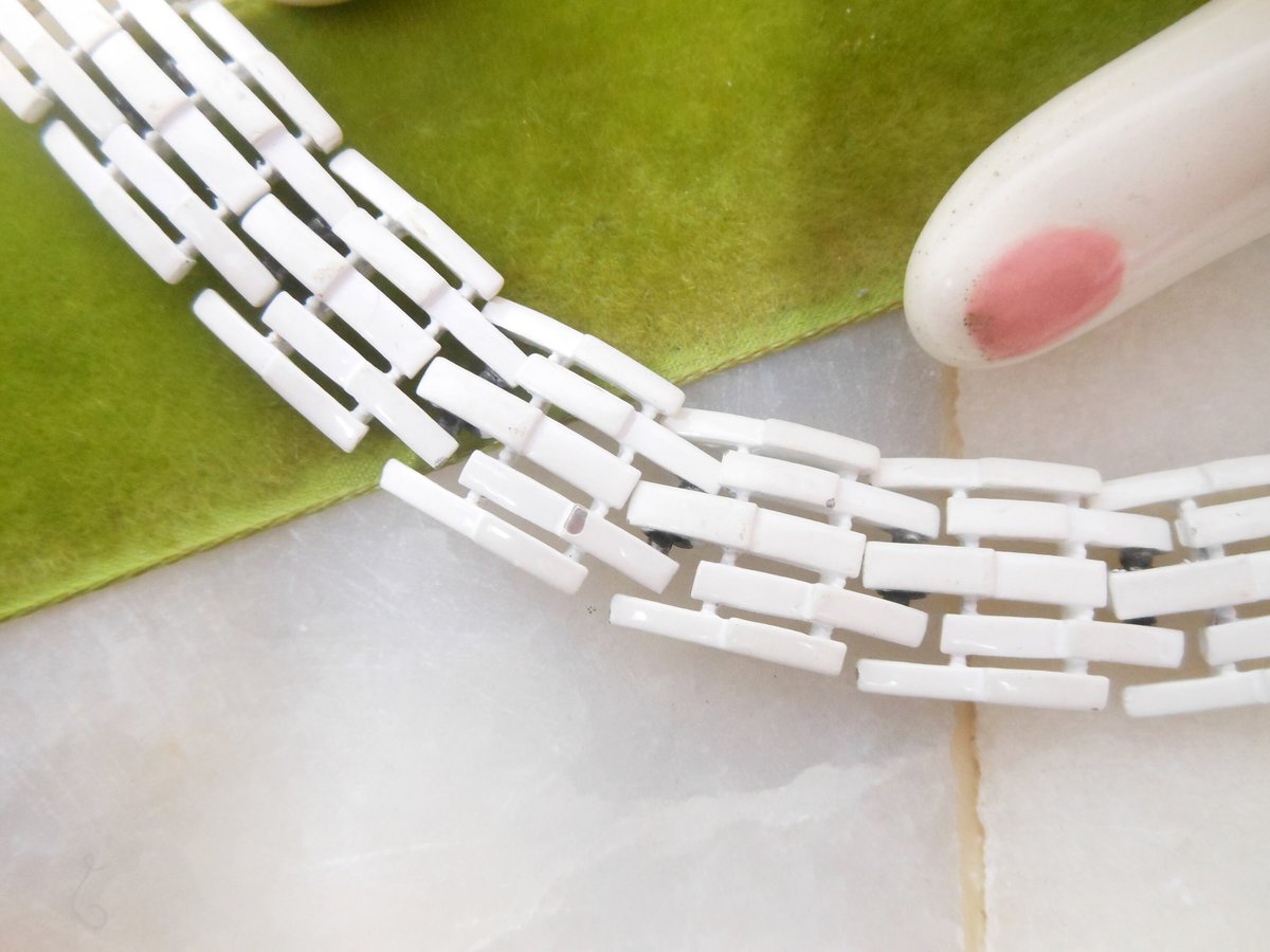 Vintage Crown TRIFARI Multi Link Bracelet White Enamel Mid Century Designer Jewelry *as is*, VivianJoel.com