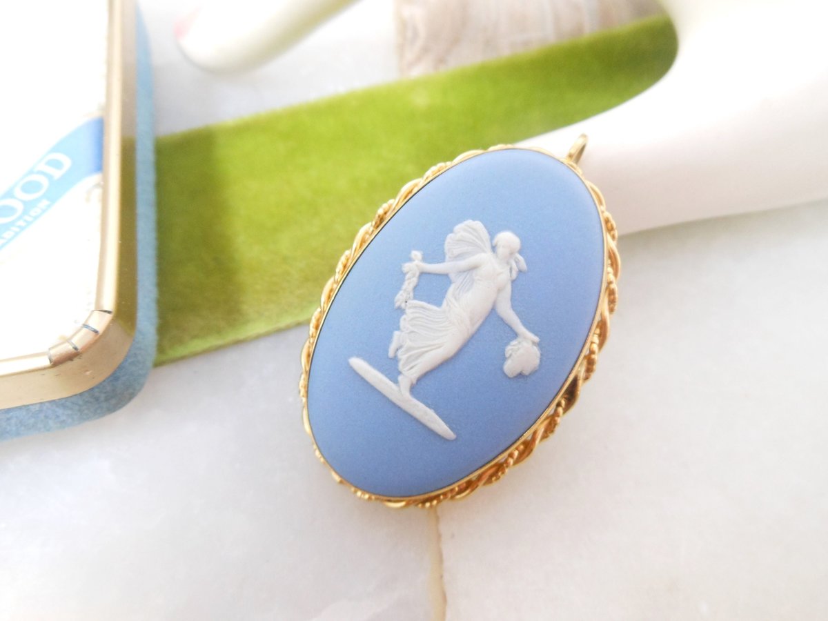 Vintage WEDGEWOOD Van Dell Cameo Pin Brooch Earrings Set Gold Fill GF Pendant Jasperware Blue Designer MCM Jewelry Gift,  VivianJoel.com
