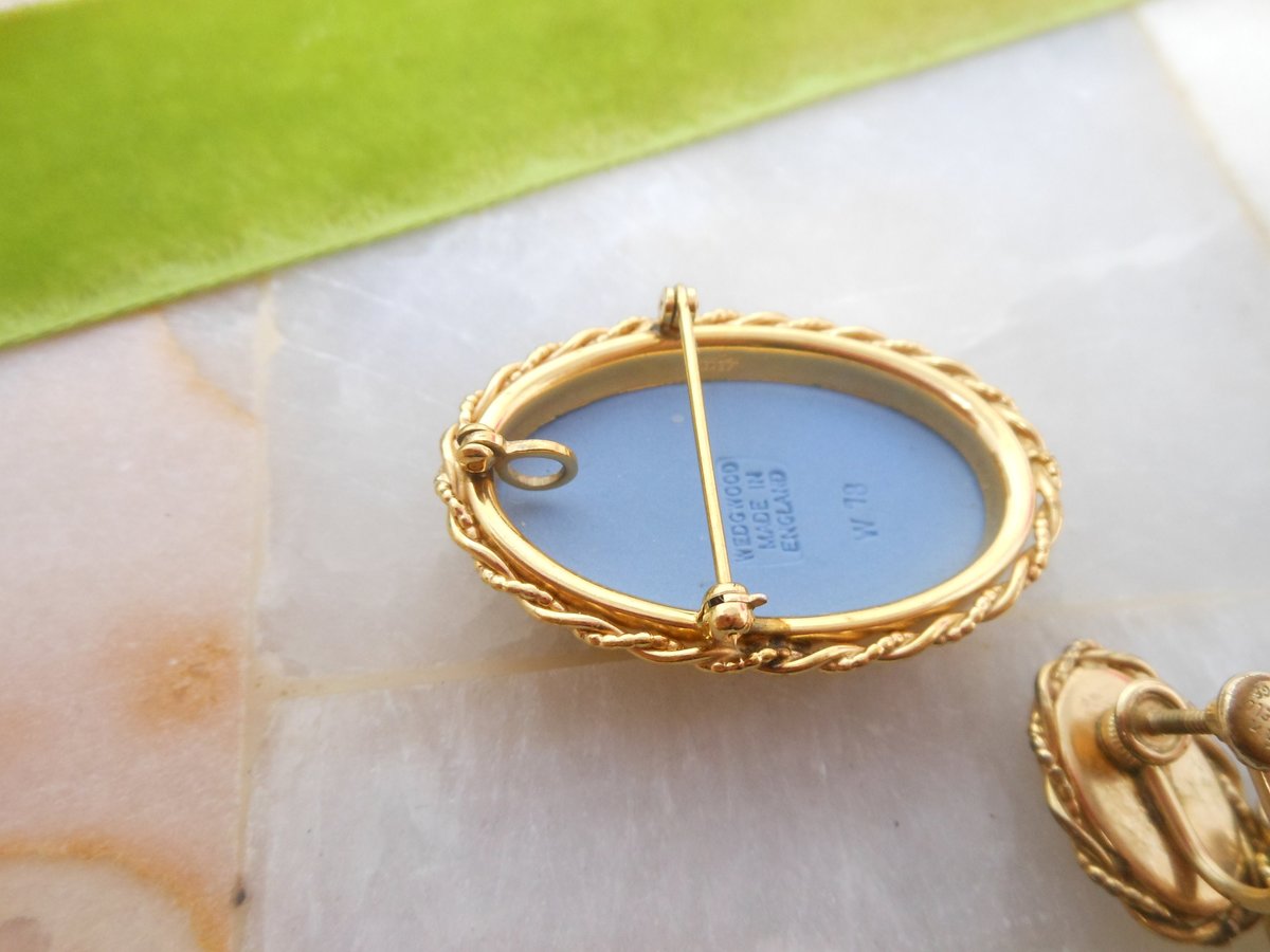 Vintage WEDGEWOOD Van Dell Cameo Pin Brooch Earrings Set Gold Fill GF Pendant Jasperware Blue Designer MCM Jewelry Gift,  VivianJoel.com