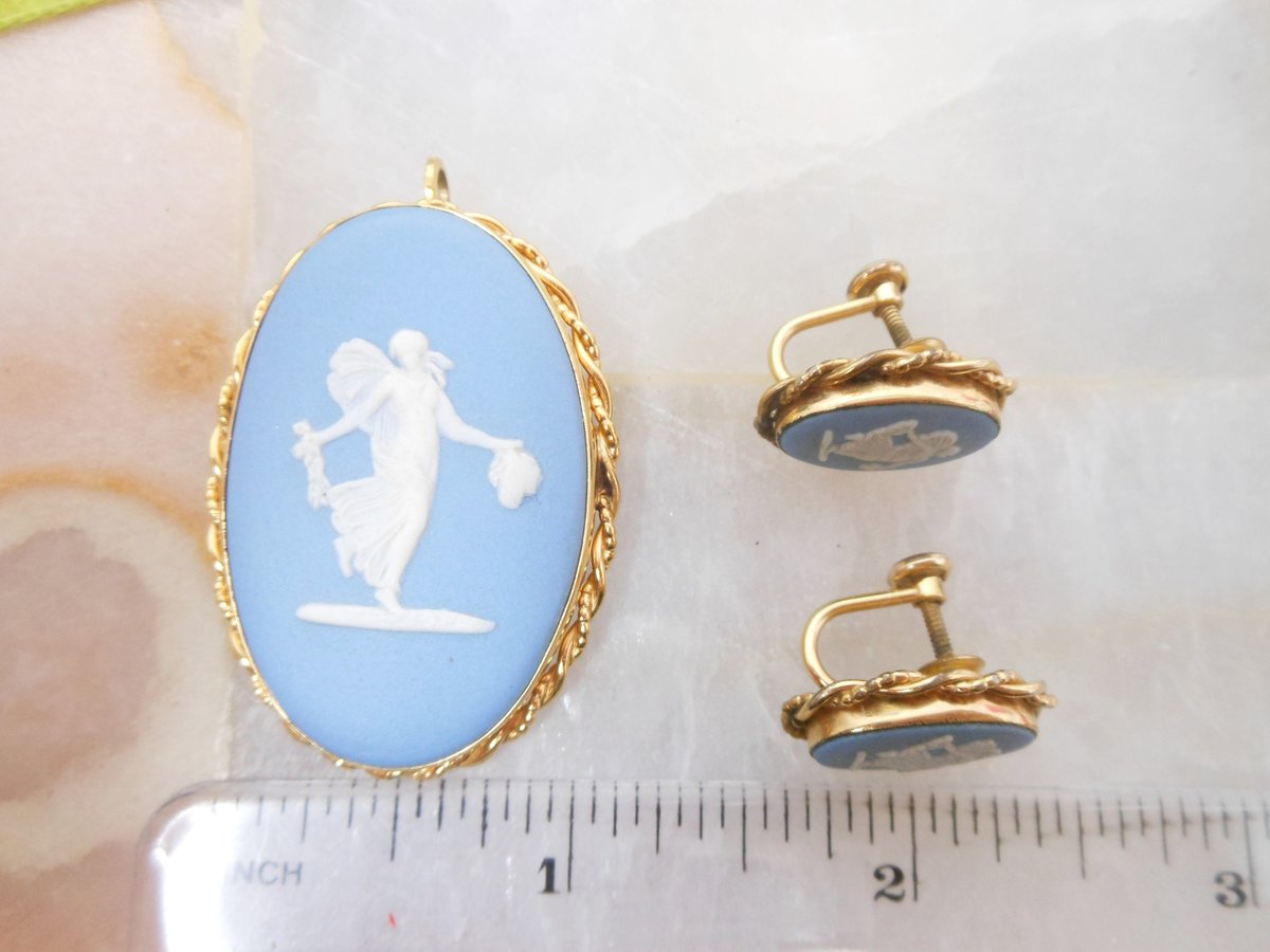 Vintage WEDGEWOOD Van Dell Cameo Pin Brooch Earrings Set Gold Fill GF Pendant Jasperware Blue Designer MCM Jewelry Gift,  VivianJoel.com