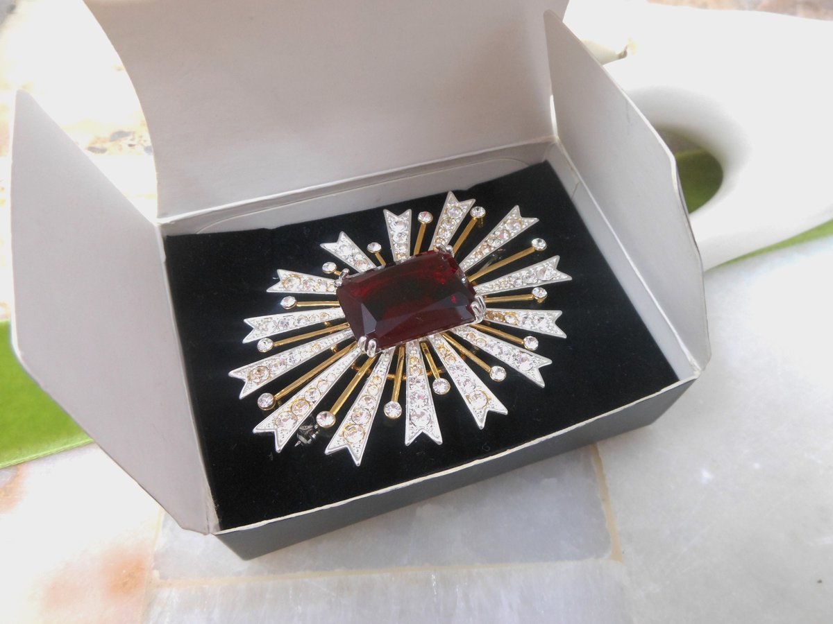 Vintage KJL KENNETH Jay LANE Brooch Starburst Pin Red Glass Pave Crystal Chunky Statement Runway Iconic IoB Jewelry Designer, VivianJoel.com