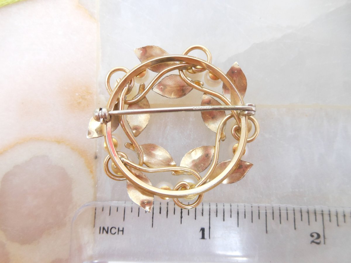 Vintage KREMENTZ Brooch Pin Pearl Flower Wreath Circle Vine Mid Century Designer Jewelry Gift, VivianJoel.com