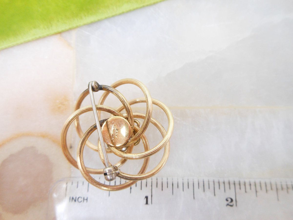 Vintage A & Z Pearl Brooch Love Knot Gold Fill Pin 12K Designer Atomic Flower Infinity Spiral GF Mid Century Jewelry Gift, VivianJoel.com