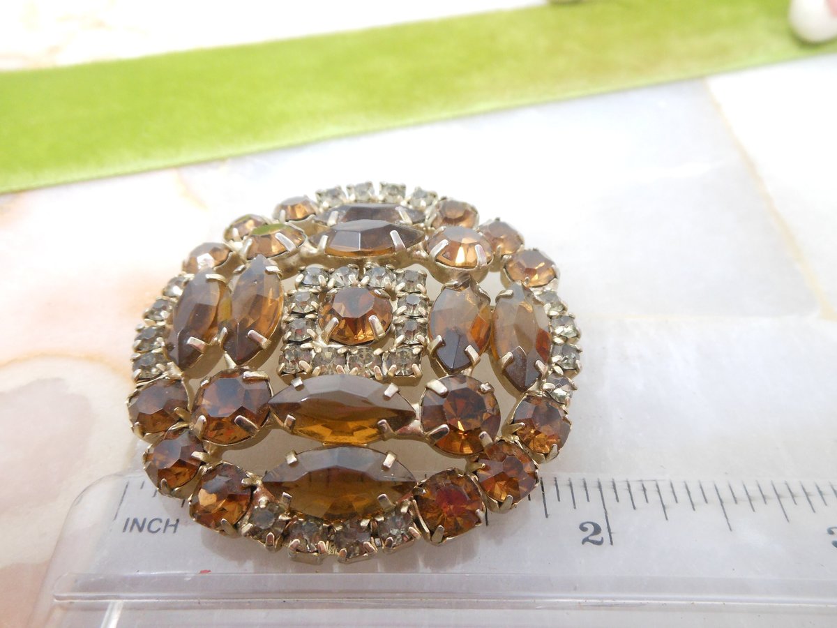 Vintage Topaz Rhinestone Pin Brooch Crystal Dark Grey Circle Regency Revival Mid Century Jewelry Gift, VivianJoel.com
