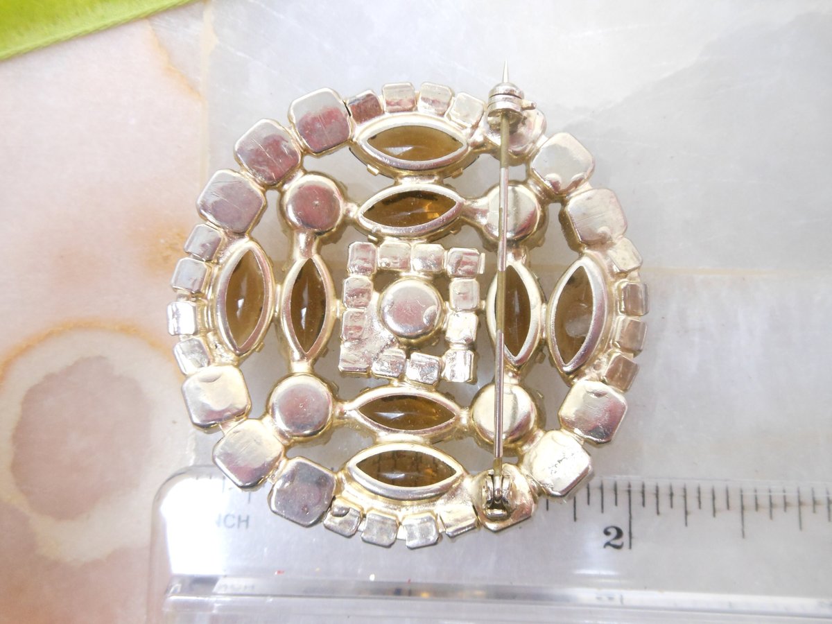 Vintage Topaz Rhinestone Pin Brooch Crystal Dark Grey Circle Regency Revival Mid Century Jewelry Gift, VivianJoel.com