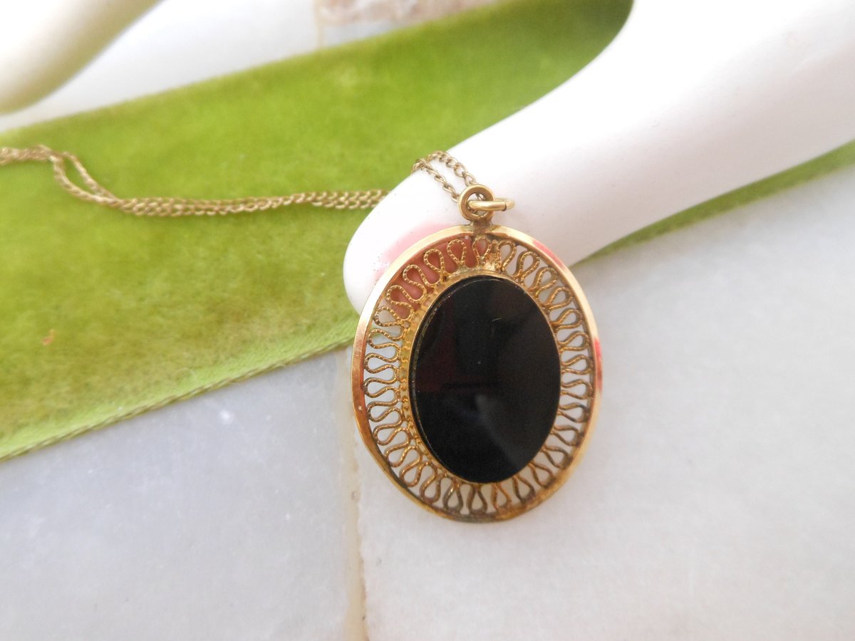 Vintage WINARD Onyx Gold Fill Pendant Necklace Earrings Set Delicate Filigree Black Mourning Designer GF Mid Century Jewelry, VivianJoel.com