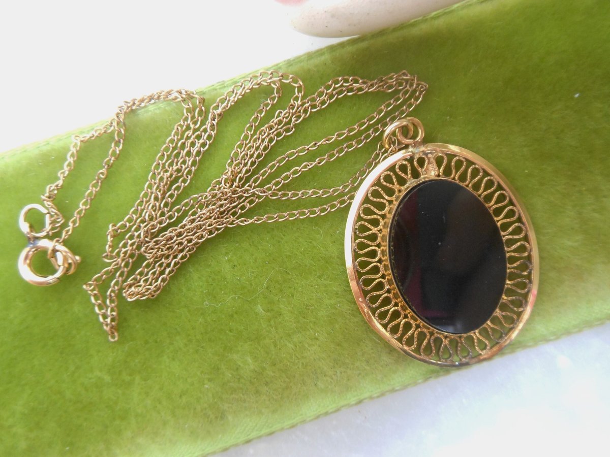 Vintage WINARD Onyx Gold Fill Pendant Necklace Earrings Set Delicate Filigree Black Mourning Designer GF Mid Century Jewelry, VivianJoel.com