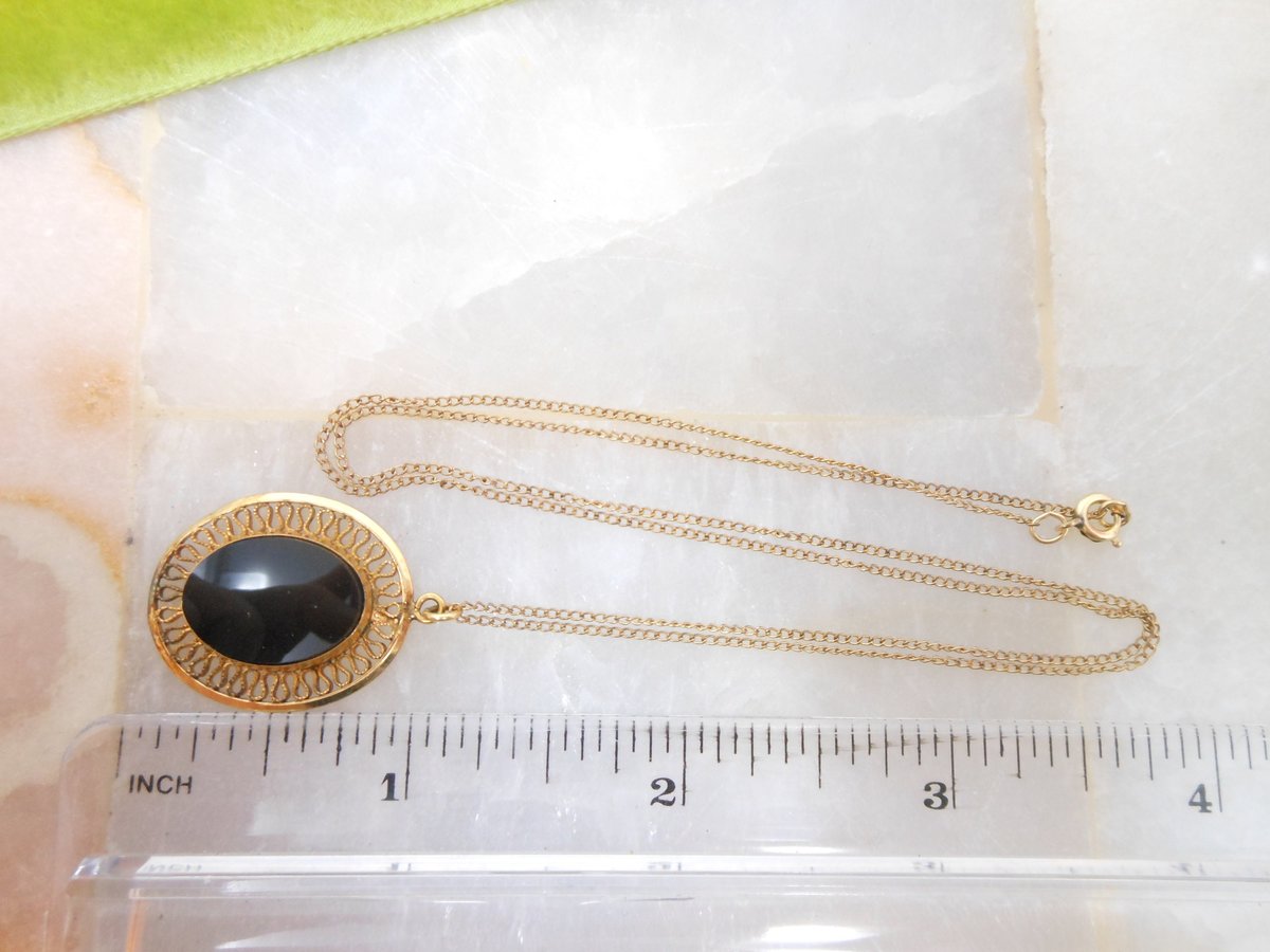 Vintage WINARD Onyx Gold Fill Pendant Necklace Earrings Set Delicate Filigree Black Mourning Designer GF Mid Century Jewelry, VivianJoel.com