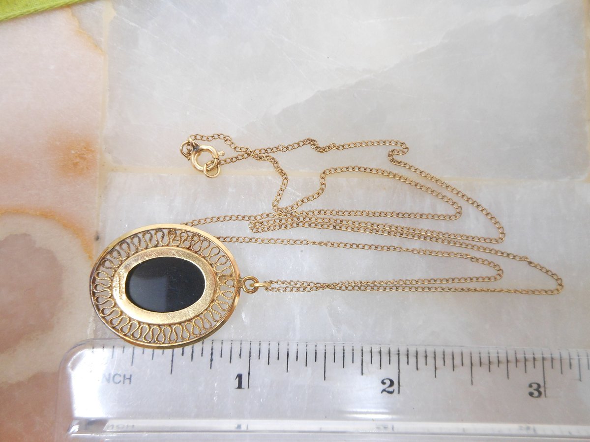 Vintage WINARD Onyx Gold Fill Pendant Necklace Earrings Set Delicate Filigree Black Mourning Designer GF Mid Century Jewelry, VivianJoel.com