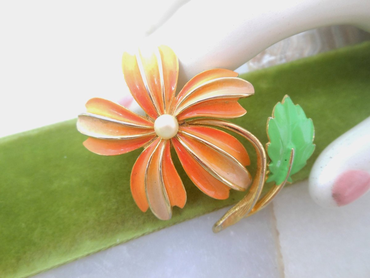 Vintage Yellow Orange Brooch Flower Enamel Pin Daisy Pearl Mod Corsage Mid Century Jewelry Gift, VivianJoel.com