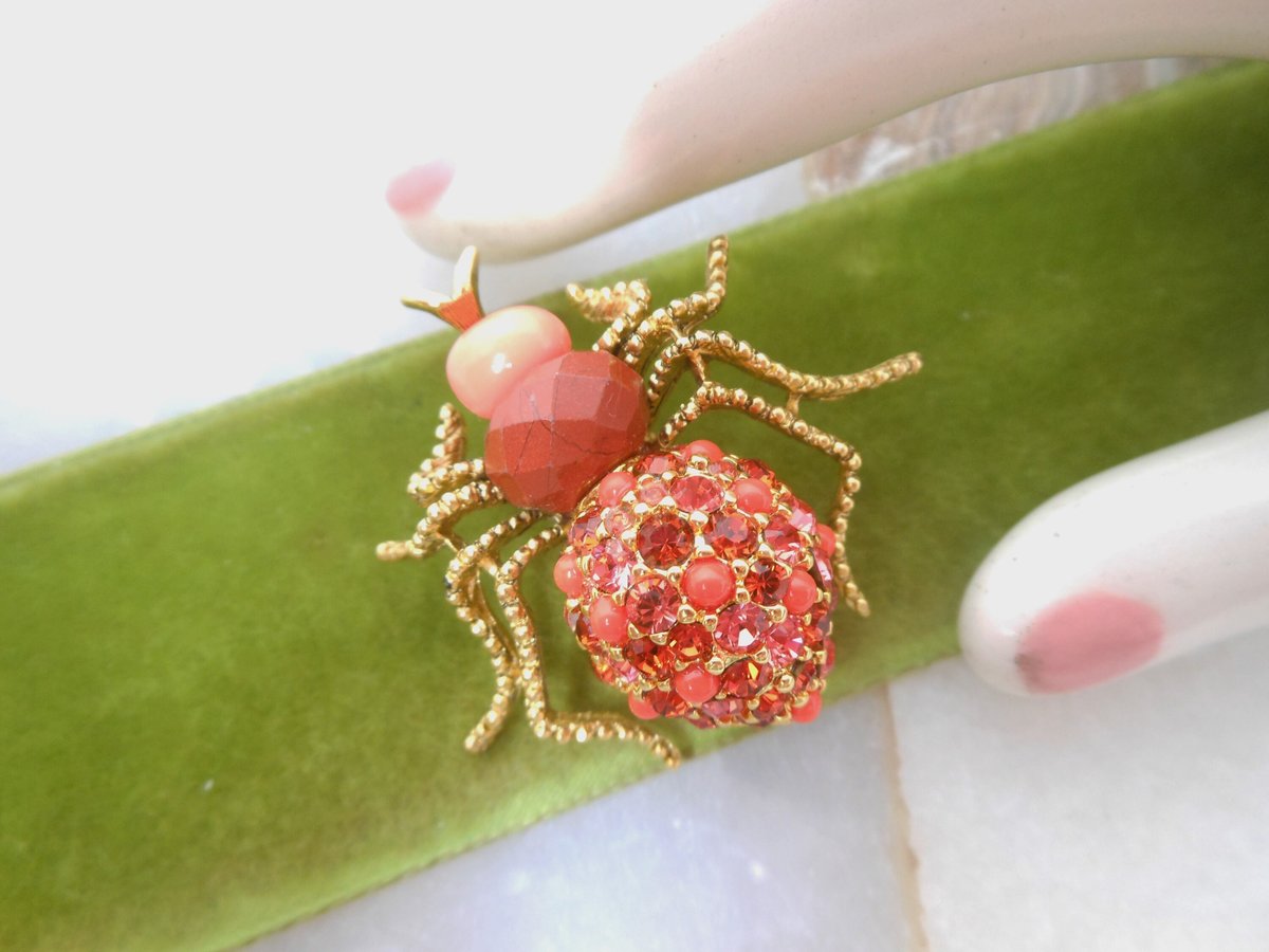 Vintage JOAN RIVERS Faux Coral Pin Brooch Orange Rhinestone Crystal Designer Beetle Bug Insect Jewelry Collectible Gift, VivianJoel.com