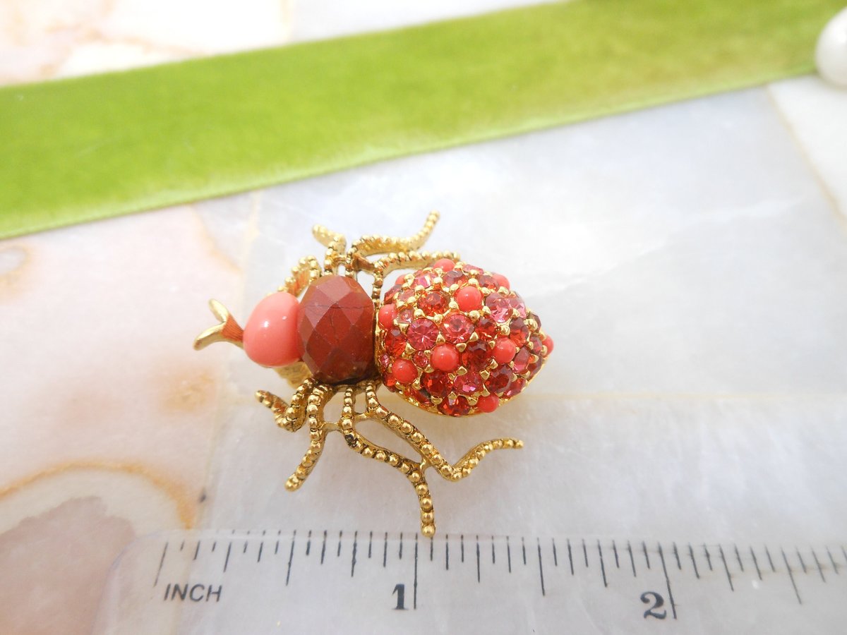 Vintage JOAN RIVERS Faux Coral Pin Brooch Orange Rhinestone Crystal Designer Beetle Bug Insect Jewelry Collectible Gift, VivianJoel.com