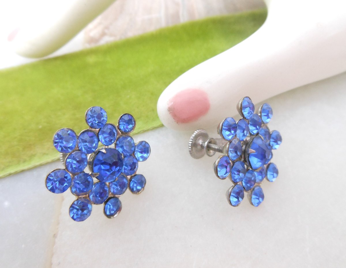 Vintage Blue Rhinestone Earrings Crystal Flower Screw Back Art Deco Jewelry Gift Mid Century, VivianJoel.com
