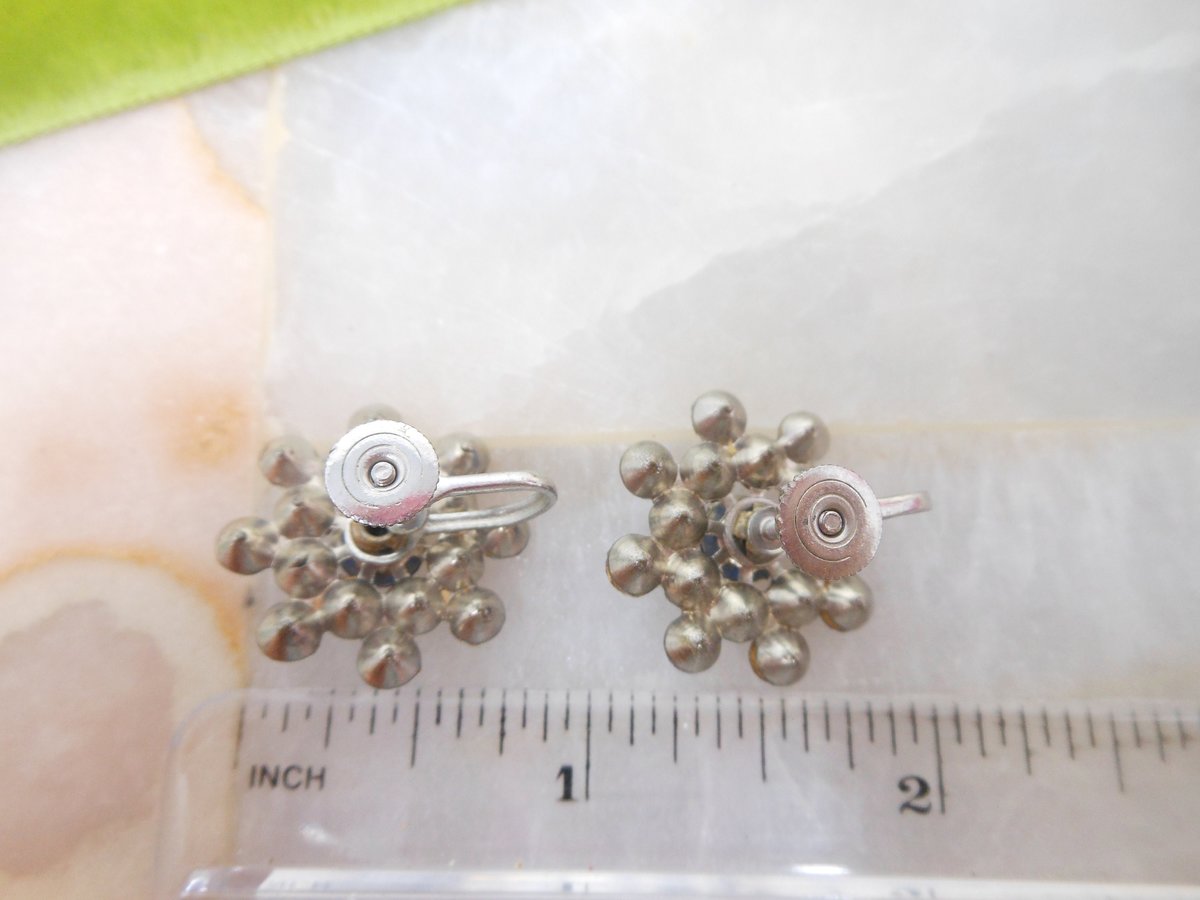 Vintage Blue Rhinestone Earrings Crystal Flower Screw Back Art Deco Jewelry Gift Mid Century, VivianJoel.com