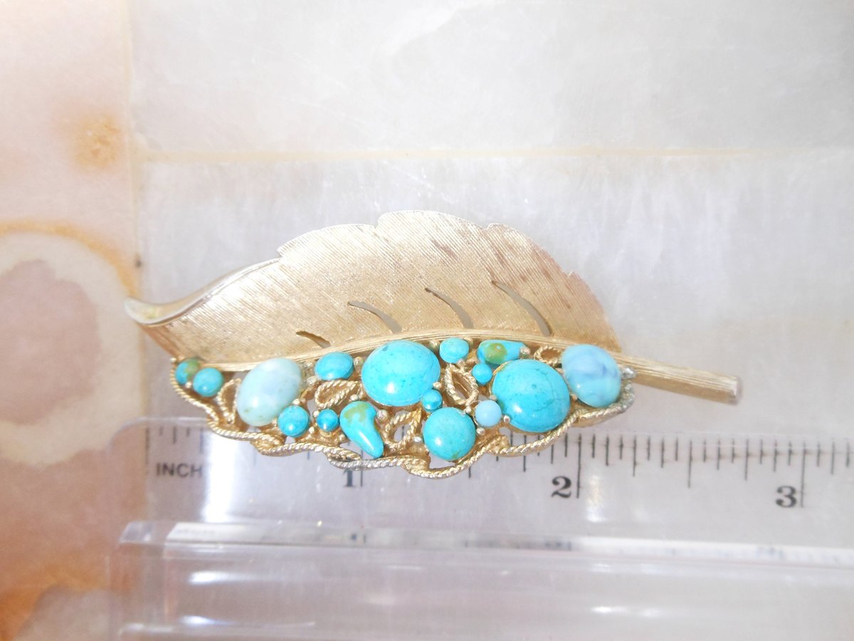 Vintage CAPRI Blue Leaf Brooch Designer Faux Turquoise Aqua Mid Century Jewelry Gift, VivianJoel.com
