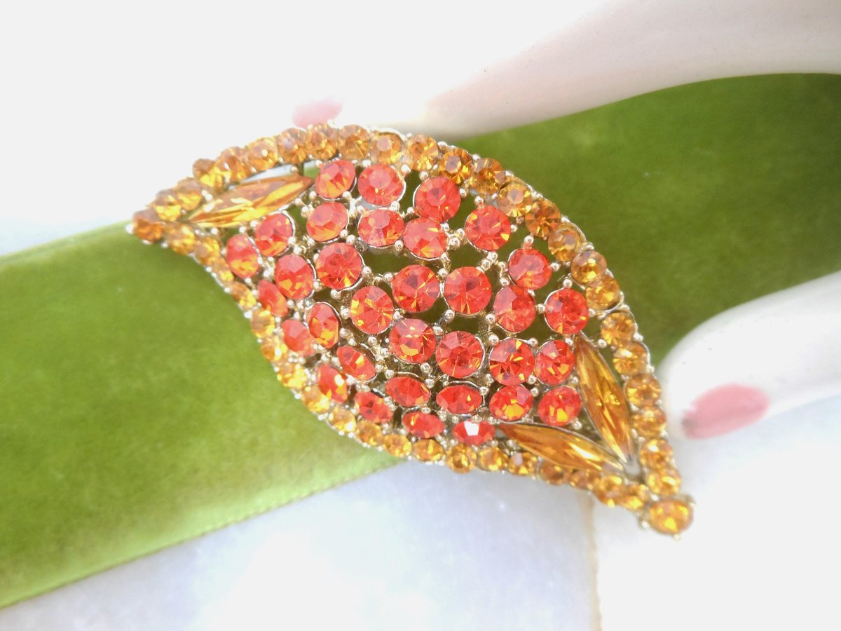 Vintage Regency Revival Brooch Orange Pin Rhinestone Flame Leaf Autumn Fall Jewelry Gift Mid Century, VivianJoel.com