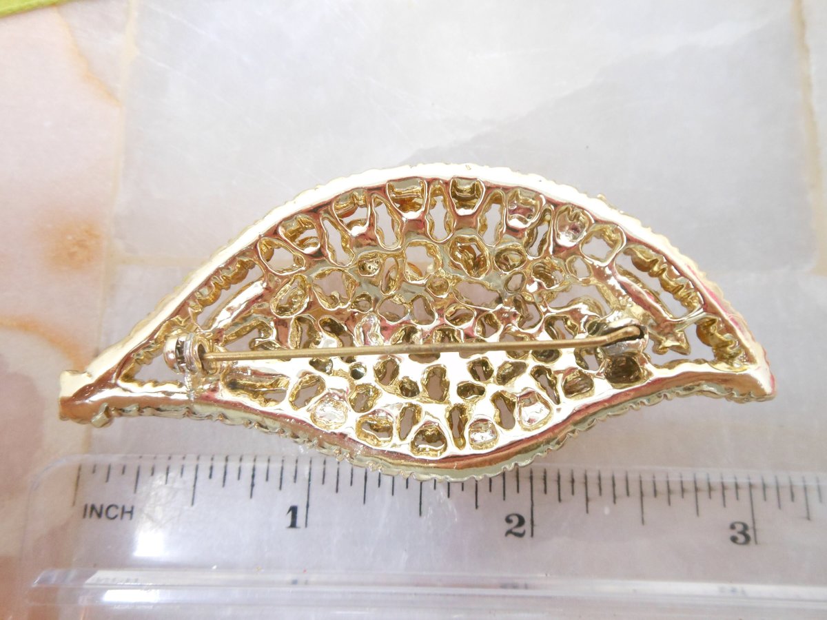 Vintage Regency Revival Brooch Orange Pin Rhinestone Flame Leaf Autumn Fall Jewelry Gift Mid Century, VivianJoel.com