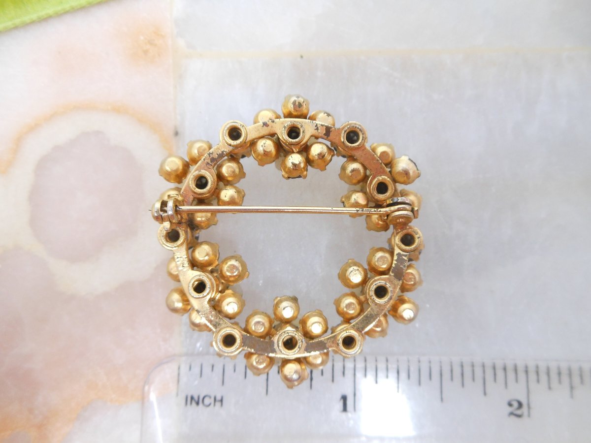 Vintage Blue Rhinestone Brooch Flower Wreath Pin Aurora Borealis Circle Ornate Mid Century Jewelry Gift, VivianJoel.com