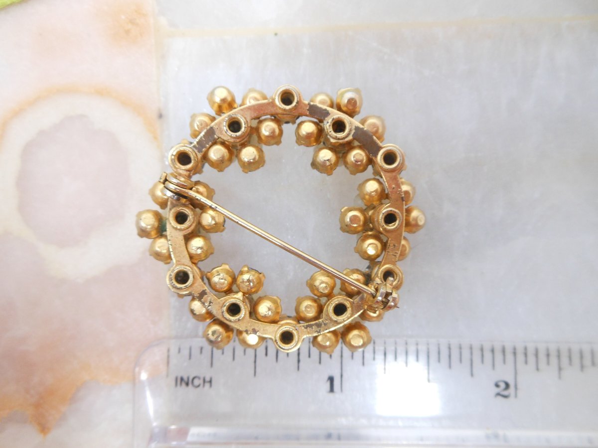 Vintage Blue Rhinestone Brooch Flower Wreath Pin Aurora Borealis Circle Ornate Mid Century Jewelry Gift, VivianJoel.com