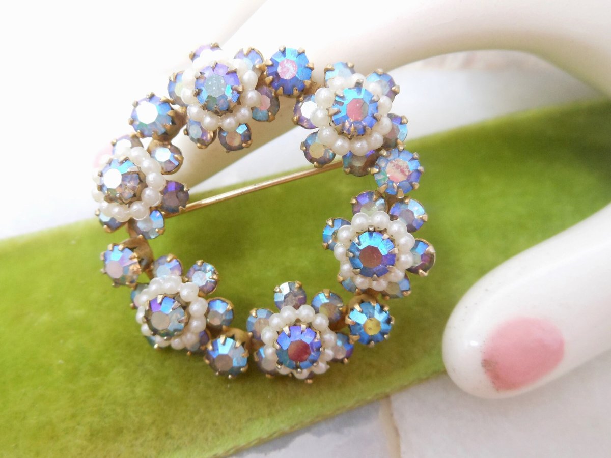 Vintage Blue Rhinestone Brooch Flower Wreath Pin Aurora Borealis Circle Ornate Mid Century Jewelry Gift, VivianJoel.com