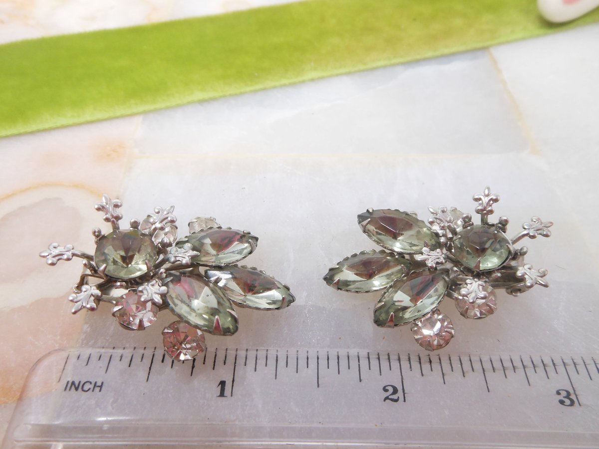 Vintage Ear Climber Earrings Rhinestone Clip On Smoky Gray Fleur De Lis Regency Revival Glam Jewelry Mid Century Gift, VivianJoel.com