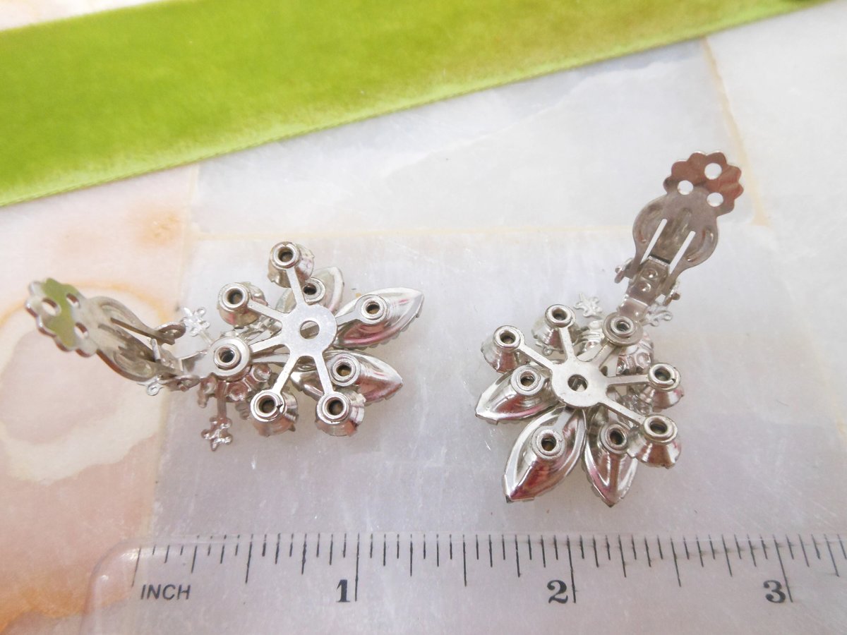 Vintage Ear Climber Earrings Rhinestone Clip On Smoky Gray Fleur De Lis Regency Revival Glam Jewelry Mid Century Gift, VivianJoel.com