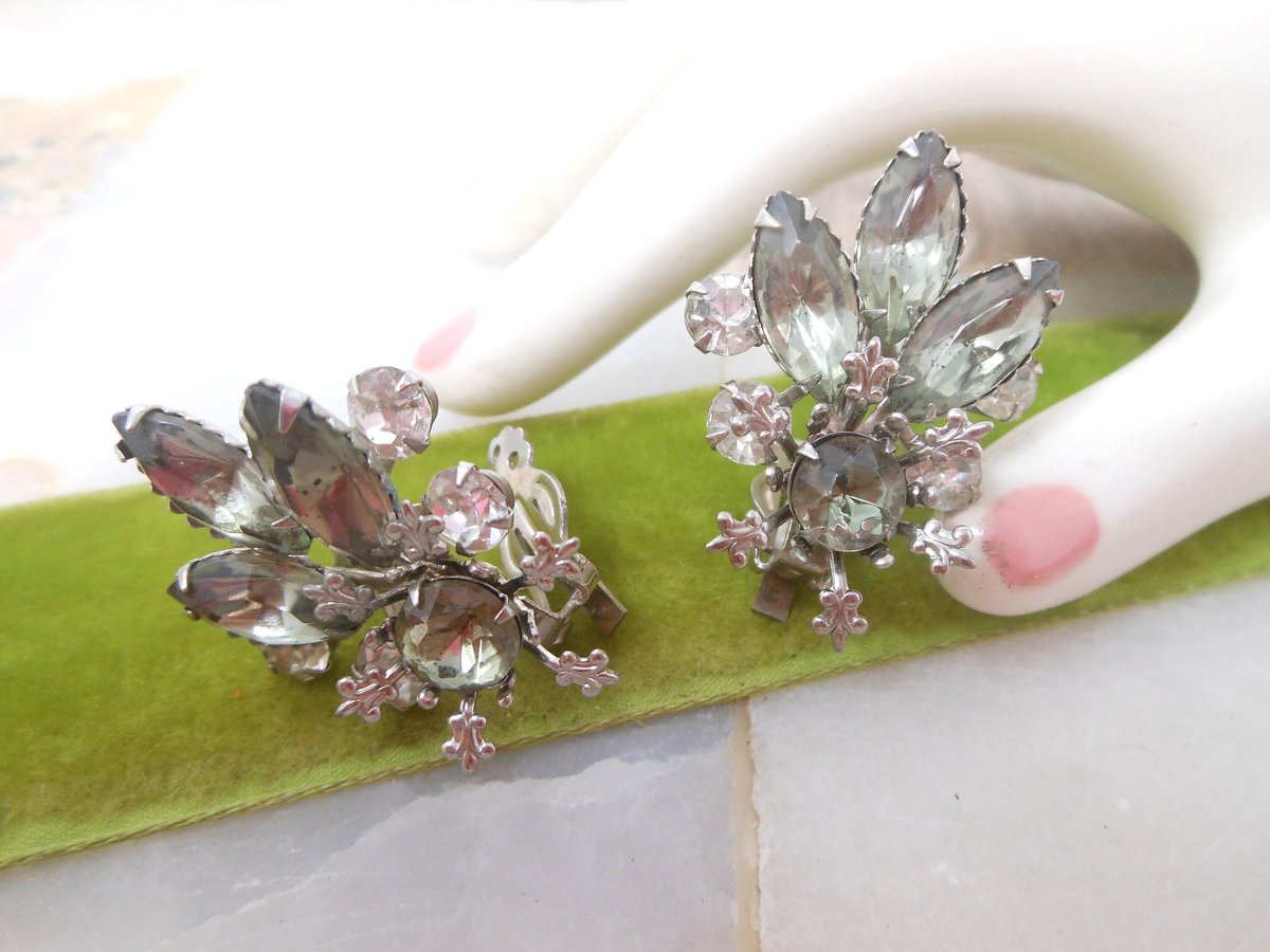 Vintage Ear Climber Earrings Rhinestone Clip On Smoky Gray Fleur De Lis Regency Revival Glam Jewelry Mid Century Gift, VivianJoel.com