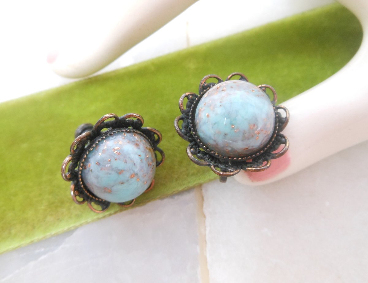 Vintage Aqua Art Glass Earrings Copper Glitter Fluss Venetian Murano Bead Screw Back Jewelry Gift Mid Century, VivianJoel.com