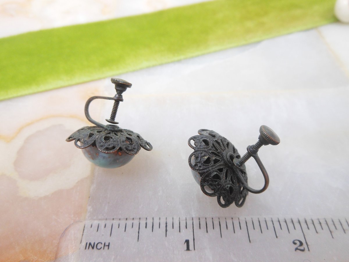 Vintage Aqua Art Glass Earrings Copper Glitter Fluss Venetian Murano Bead Screw Back Jewelry Gift Mid Century, VivianJoel.com