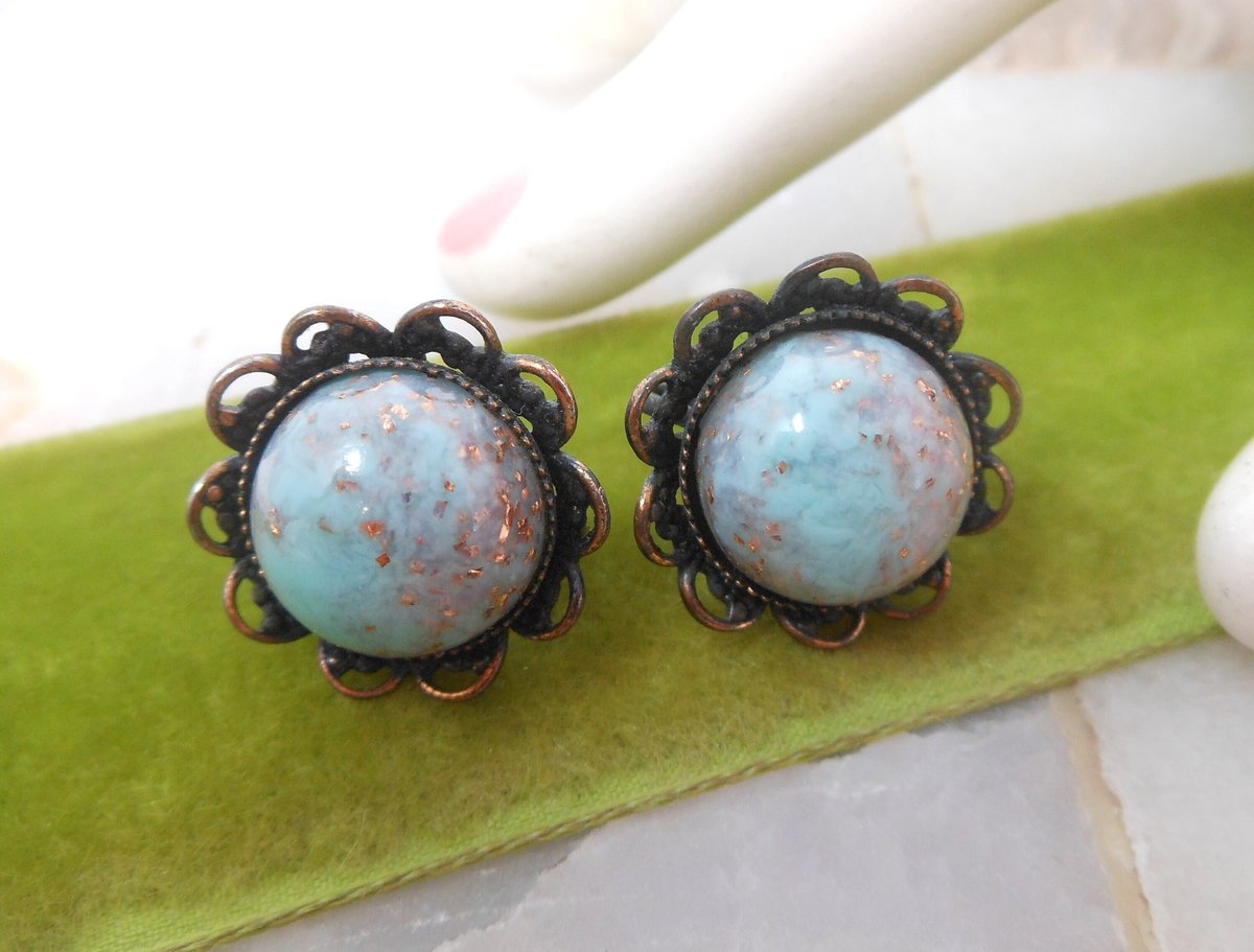 Vintage Aqua Art Glass Earrings Copper Glitter Fluss Venetian Murano Bead Screw Back Jewelry Gift Mid Century, VivianJoel.com