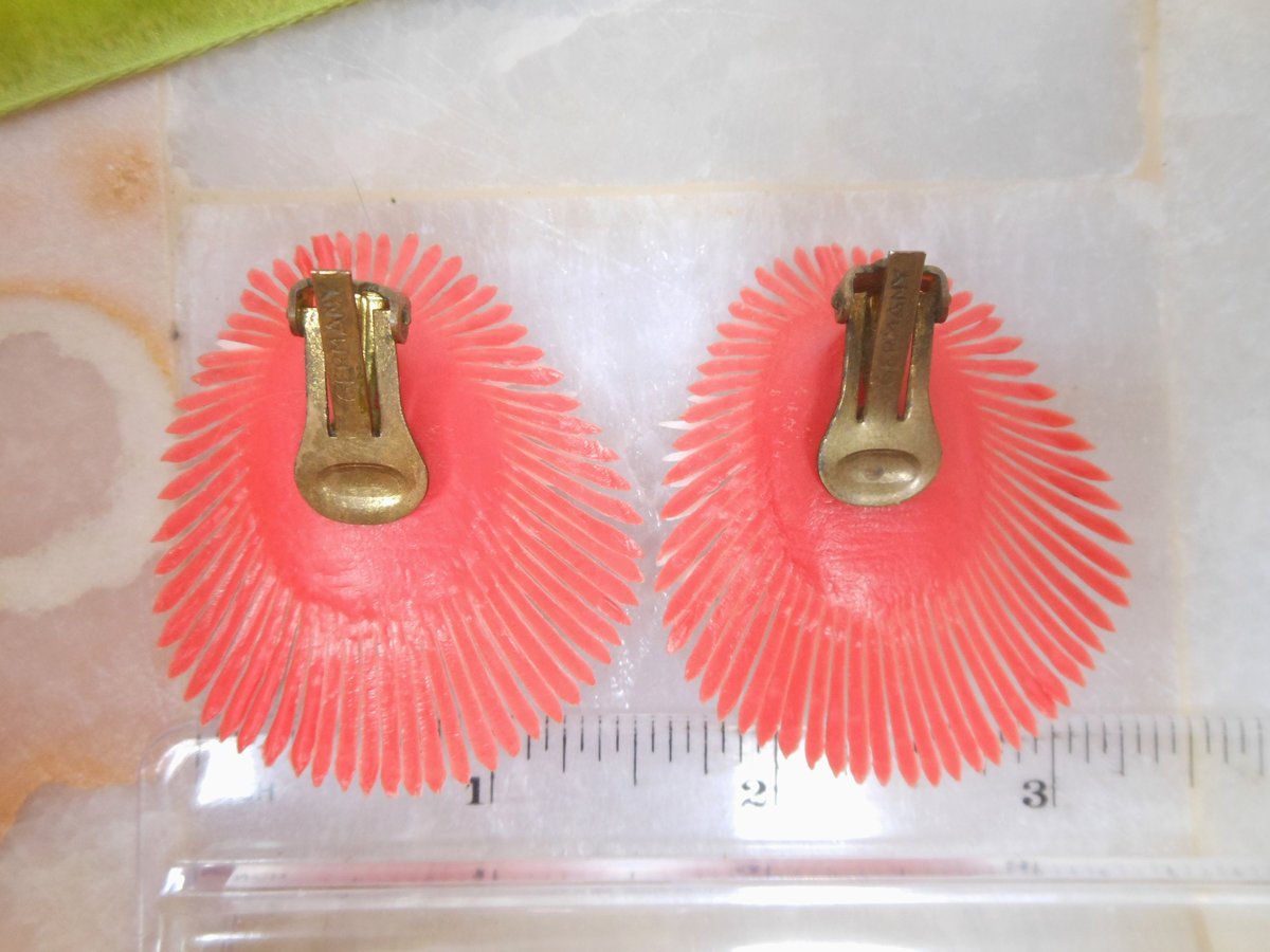 Vintage GERMANY Atomic Starburst Red Plastic Earrings Clip On Rhinestone Flower Sputnik Rockabilly Mid Century Jewelry Gift, VivianJoel.com