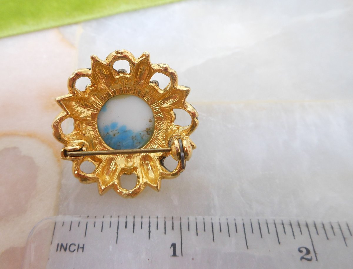 Vintage Peking Art Glass Brooch Blue Flower Pin Ornate Victorian Regency Revival Mid Century Jewelry Gift, VivianJoel.com
