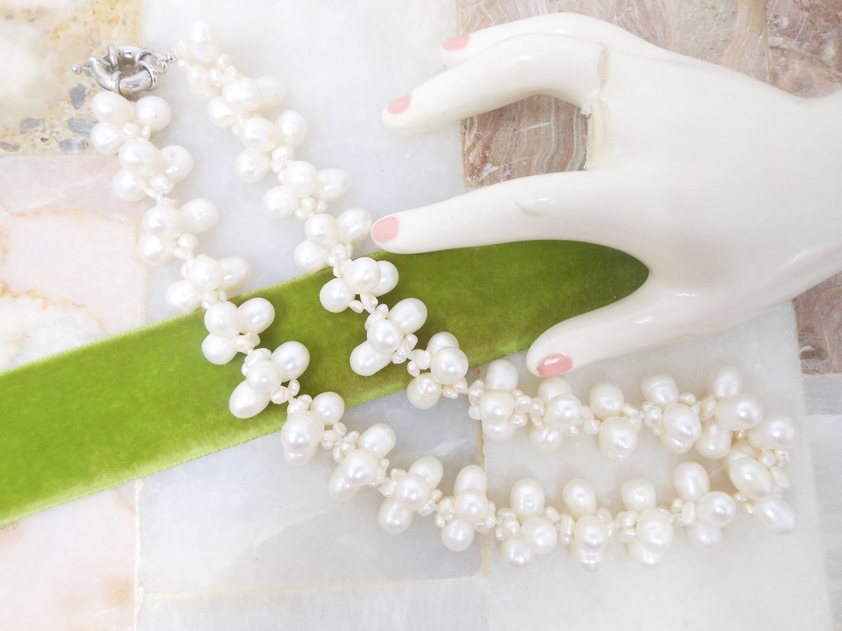 Vintage Baroque Pearl Necklace Bead Woven Cluster Beach Winter White Wedding Toggle Clasp Jewelry Gift, VivianJoel.com