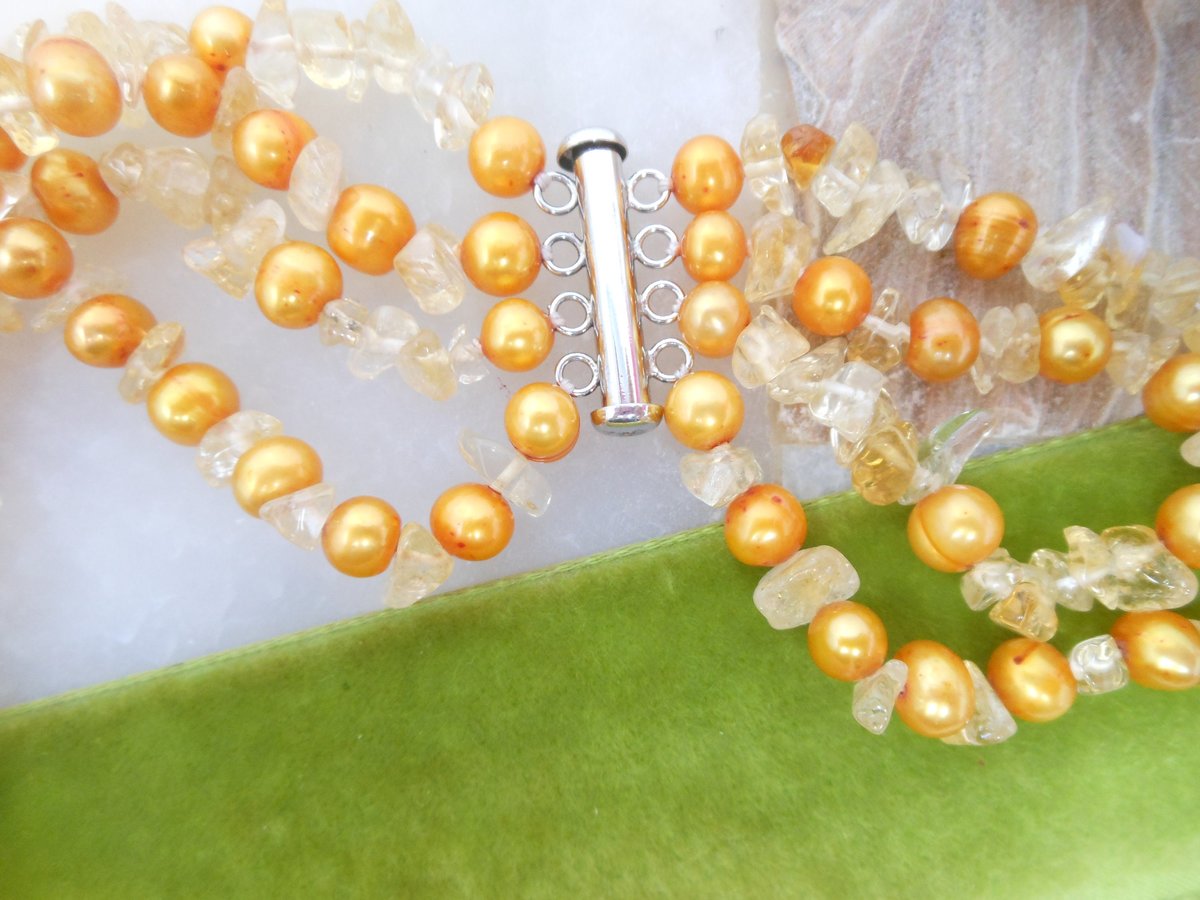 Vintage Pearl Citrine Necklace Quartz Bead Four Strand Bead Collar Torsade Sterling Silver Clasp 925 Statement Jewelry Gift, VivianJoel.com