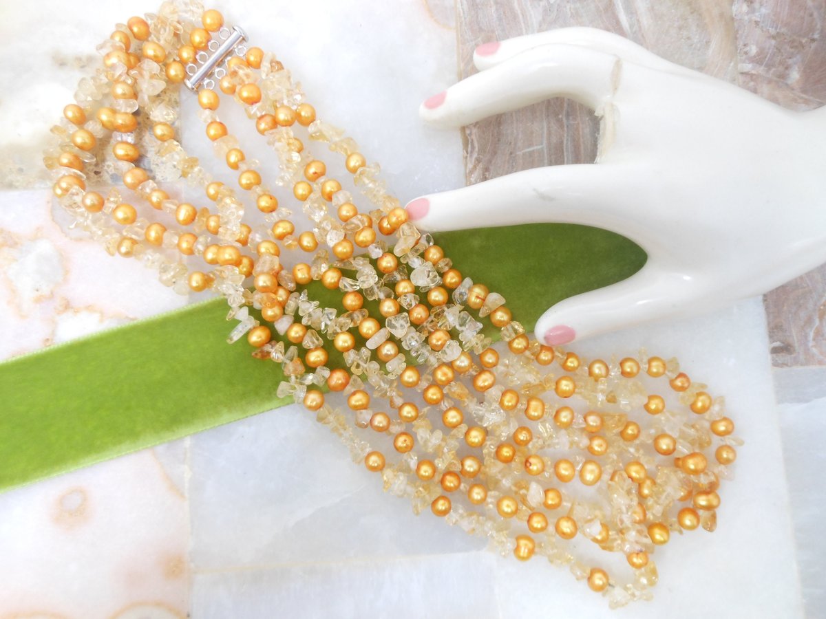 Vintage Pearl Citrine Necklace Quartz Bead Four Strand Bead Collar Torsade Sterling Silver Clasp 925 Statement Jewelry Gift, VivianJoel.com