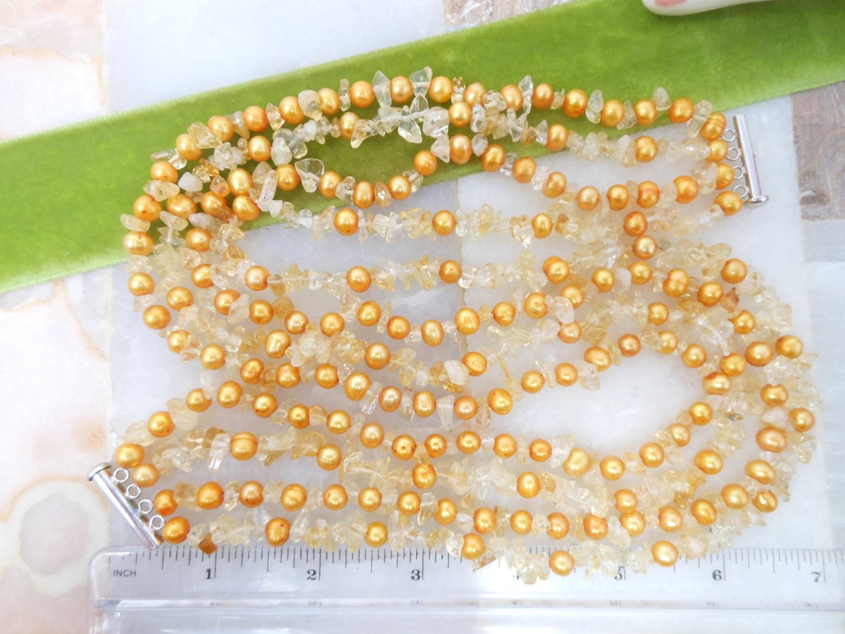 Vintage Pearl Citrine Necklace Quartz Bead Four Strand Bead Collar Torsade Sterling Silver Clasp 925 Statement Jewelry Gift, VivianJoel.com