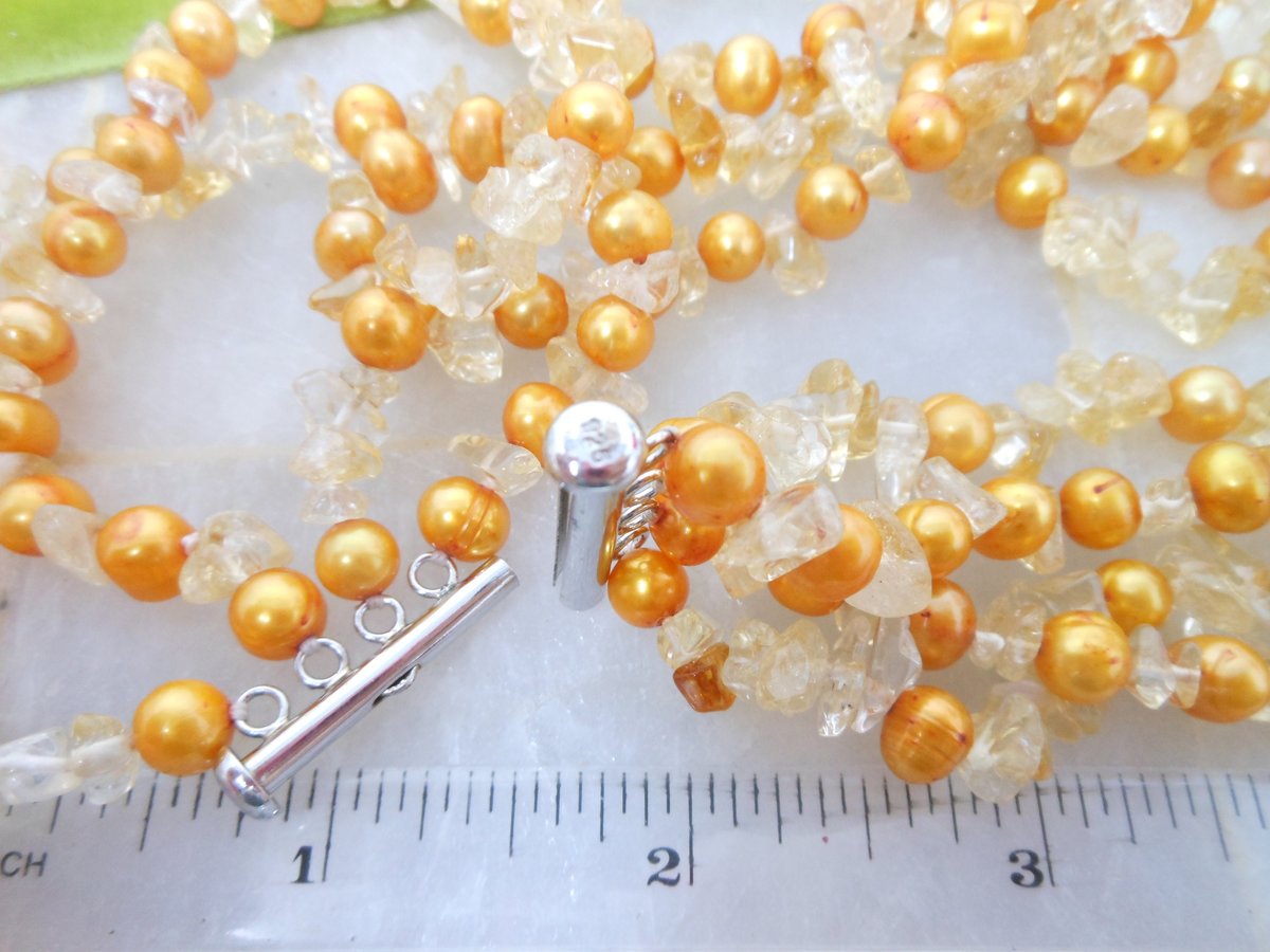 Vintage Pearl Citrine Necklace Quartz Bead Four Strand Bead Collar Torsade Sterling Silver Clasp 925 Statement Jewelry Gift, VivianJoel.com