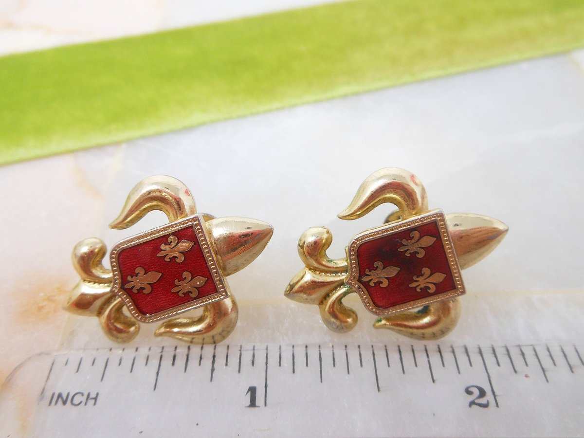 Vintage Heraldic Shield Earrings Red Enamel Fleur De Lis Screw Back Regency Revival Mid Century Jewelry Gift, VivianJoel.com